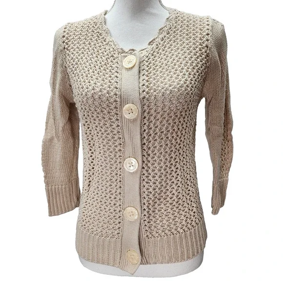 GAP Sweater Women’s Small/Med Tan Button-Up Cardigan Open Knit Sheer Lightweight - Picture 2 of 11